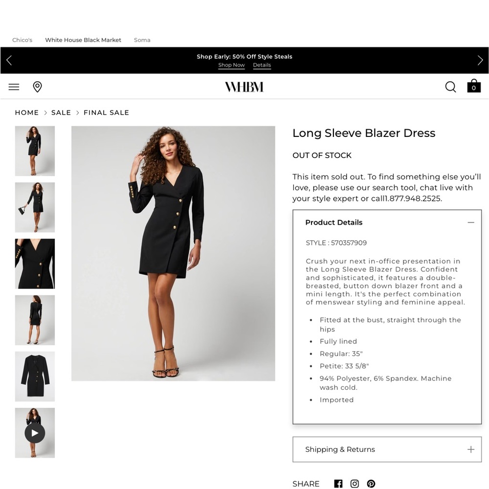 WHBM Black Blazer Coat Dress with Gold Buttons